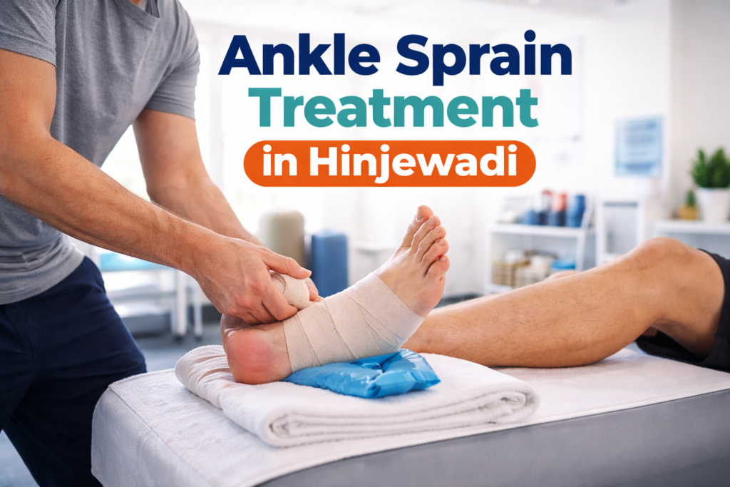 Swollen ankle with compression wrap and ice pack representing ankle sprain treatment in Hinjewadi.