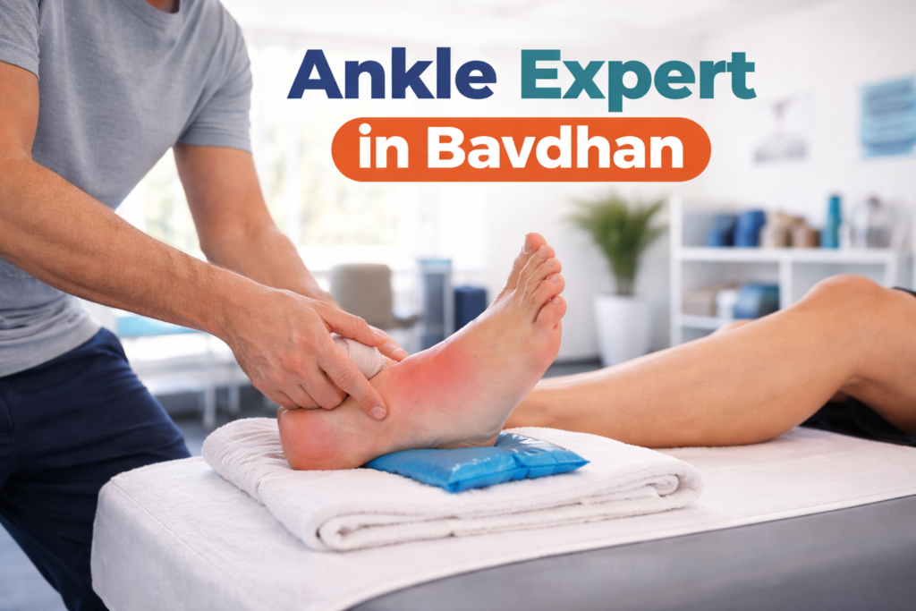 Ankle pain examination and therapy setup representing ankle expert treatment in Bavdhan.