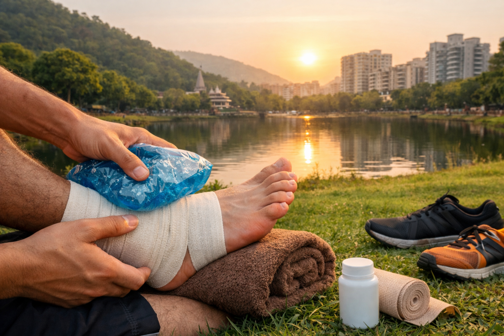 Ankle sprain treatment with ice pack and bandage near Bavdhan lake in Pune