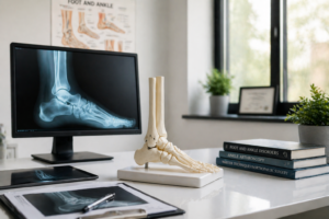 Ankle treatment setup with foot model and X-ray display at ankle specialist clinic in Sus Pune