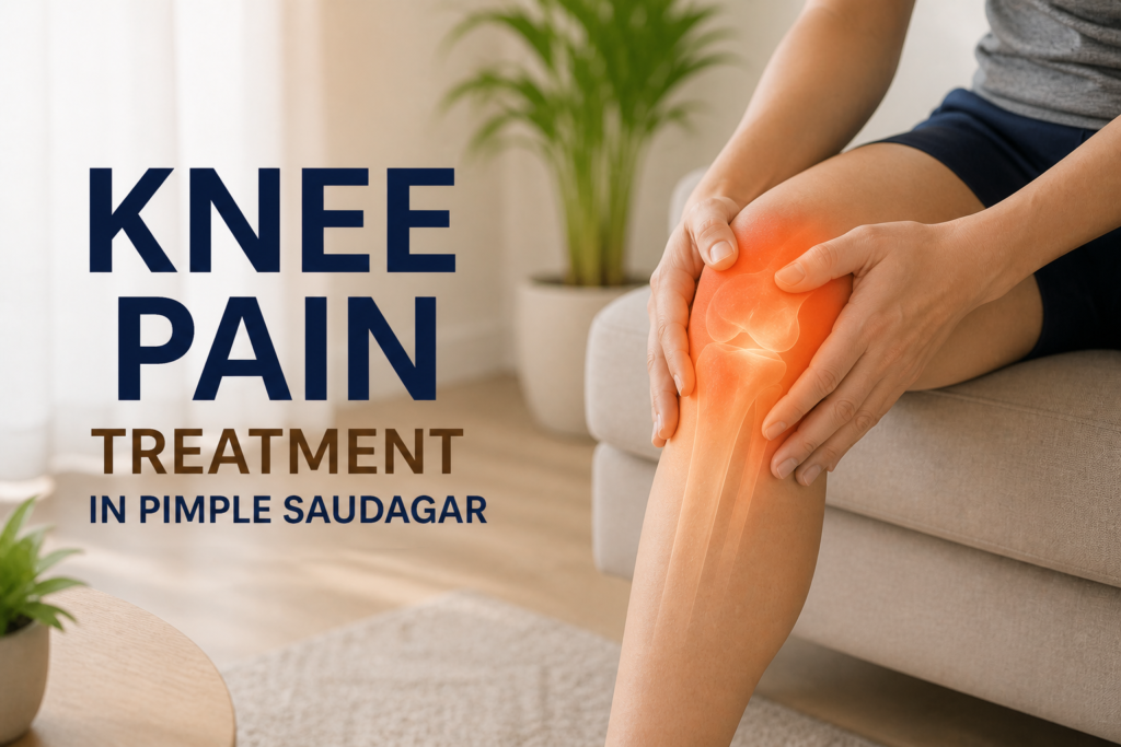 Aesthetic image of a person holding a painful knee for knee pain treatment in Pimple Saudagar