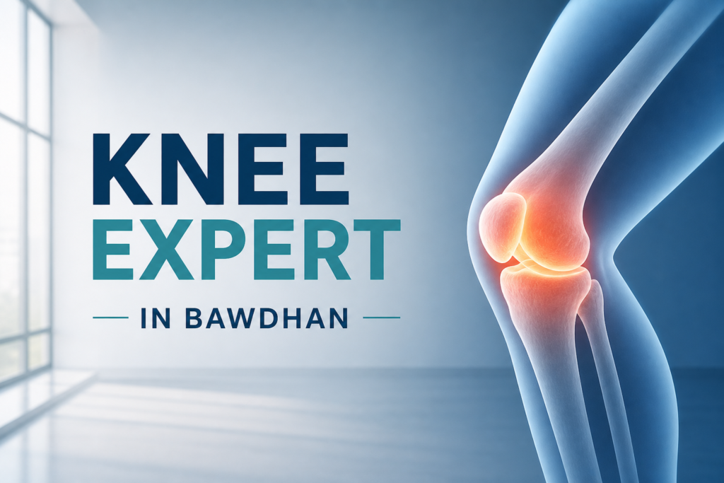 Knee joint illustration highlighting pain area with text “Knee Expert in Bawdhan” on a clean medical background.