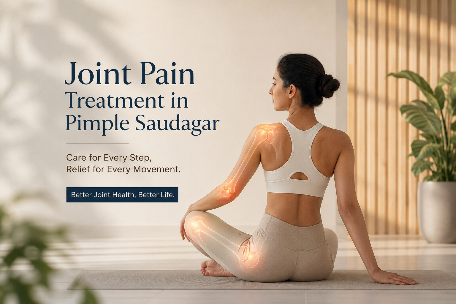 Aesthetic wellness-themed image representing joint pain treatment in Pimple Saudagar, featuring a woman in a calm yoga pose with highlighted joints in a modern, minimalist healthcare setting.