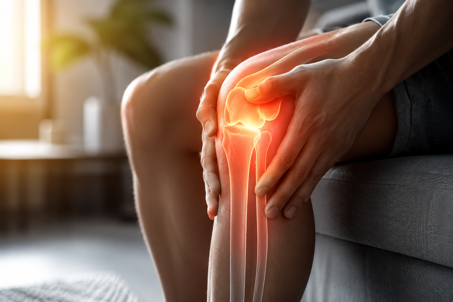 Person holding a painful knee with a subtle anatomical joint illustration, representing diagnosis and treatment of joint disorders.