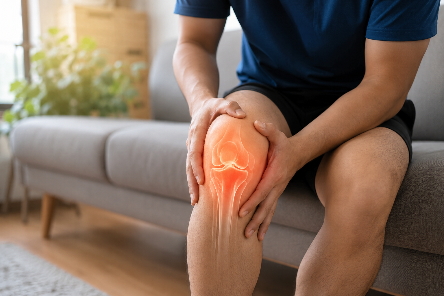 Person experiencing knee pain while holding the knee, with a subtle knee joint illustration.