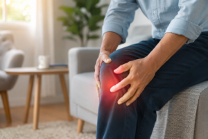 Person experiencing knee joint pain while sitting at home